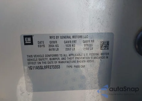 2015 Chevrolet Malibu 1Fl from USA, damaged, VIN 1G11A5SL8FF273353